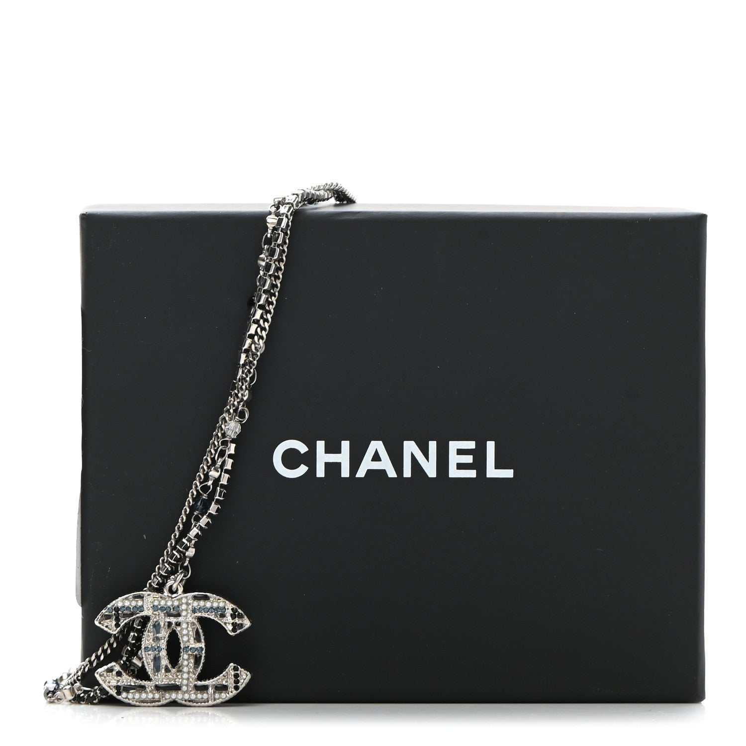 Chanel Crystal Pearl Tweed Effect Multi Strand CC Short Necklace Silver Blue Black 7 of 7