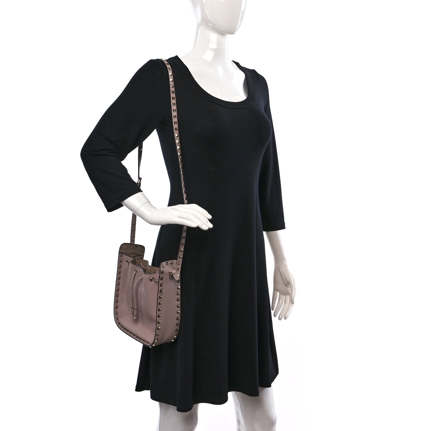 Grained Calfskin Rockstud Bucket Bag Poudre