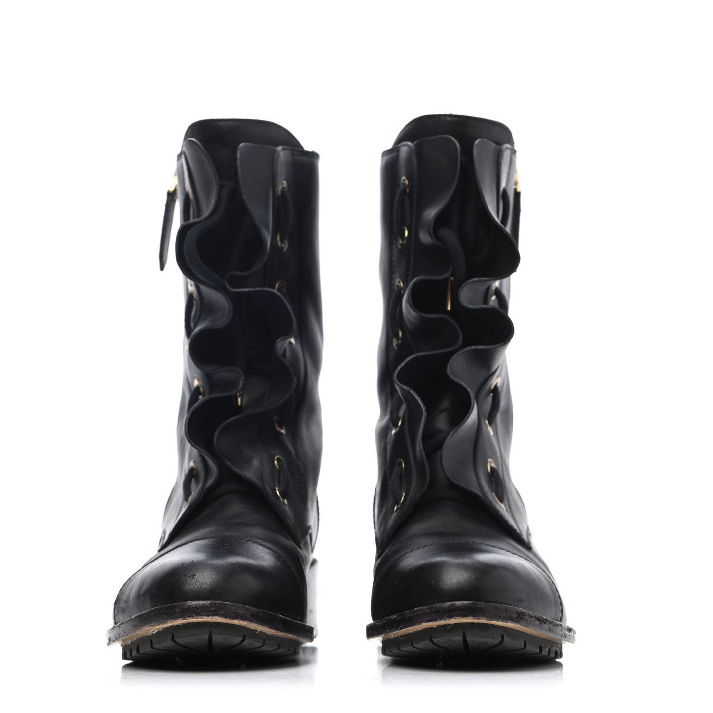 Calfskin Ruffle Combat Boots 38.5 Black