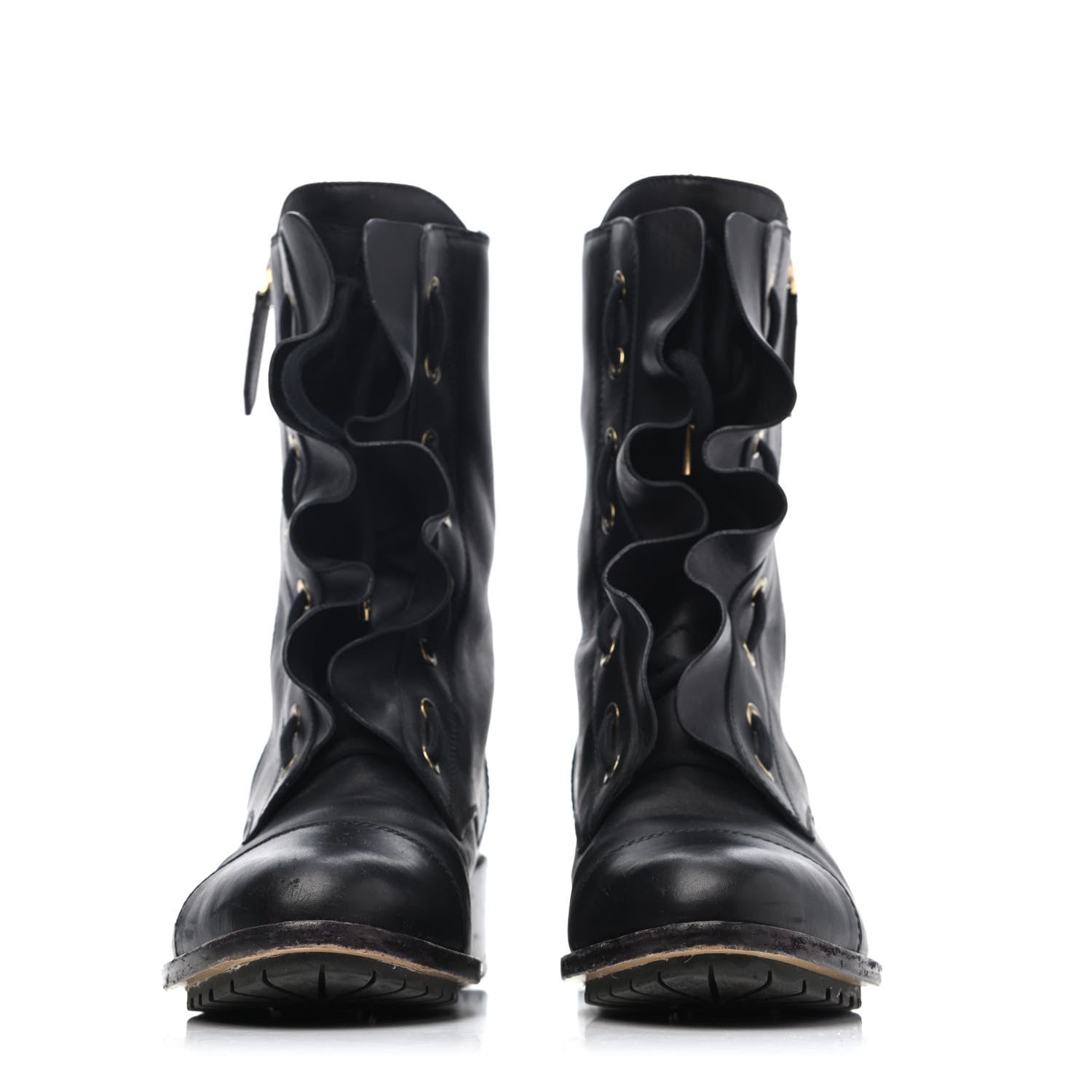 Valentino Garavani Calfskin Ruffle Combat Boots 38.5 Black 2 of 4