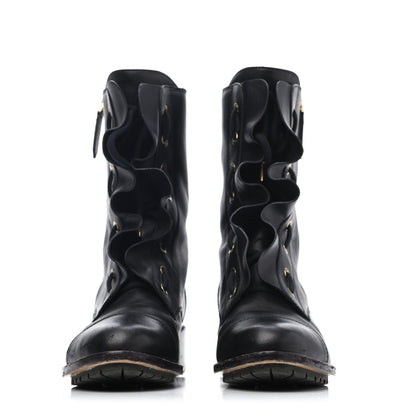 Valentino Garavani Calfskin Ruffle Combat Boots 38.5 Black 2 of 4