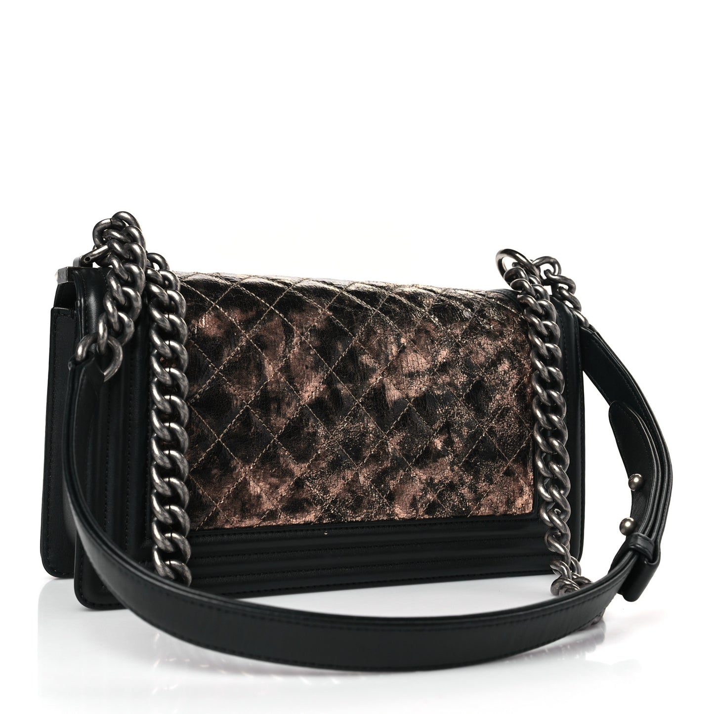 Cracked Metallic Calfskin Quilted Medium Boy Flap Black