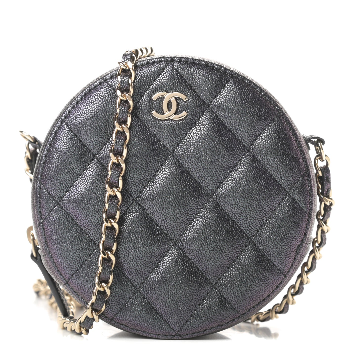 Iridescent Caviar Quilted Round Clutch With Chain Black