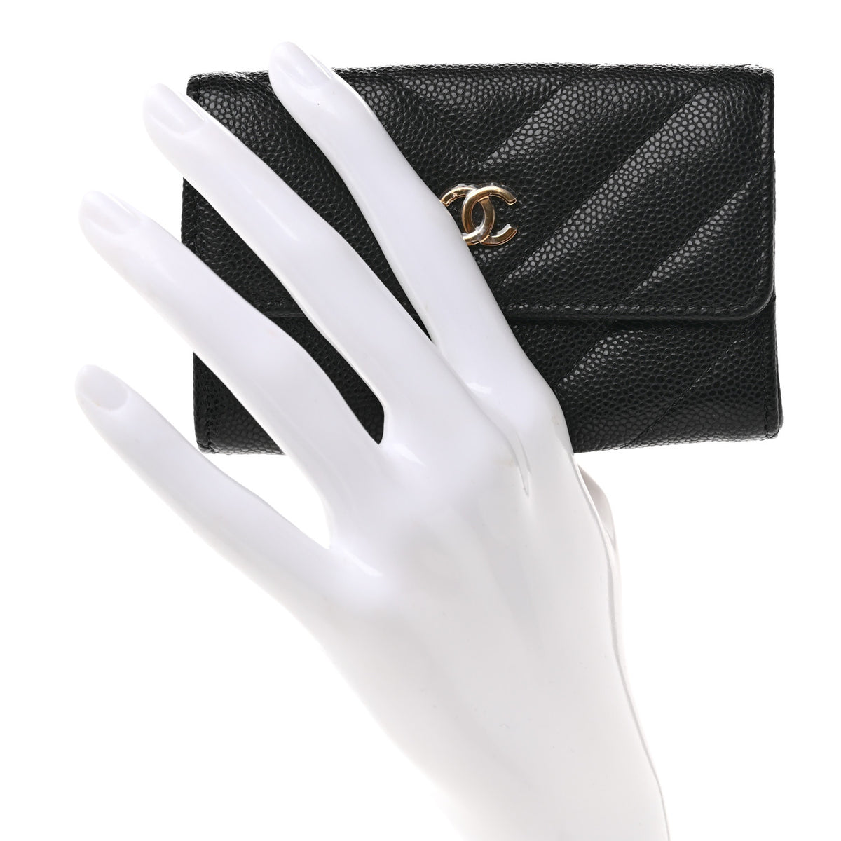 Shiny Caviar Chevron Quilted Flap Card Holder Black