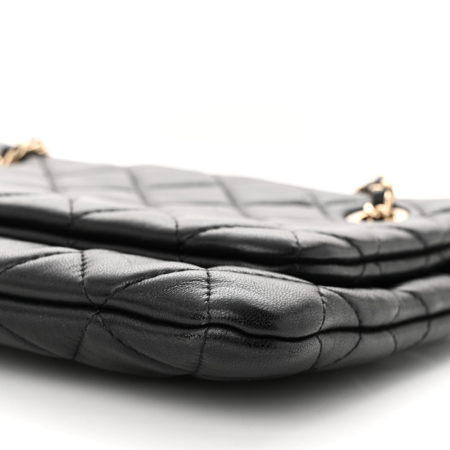 Shiny Lambskin Quilted Medium Double Case With Strap Black