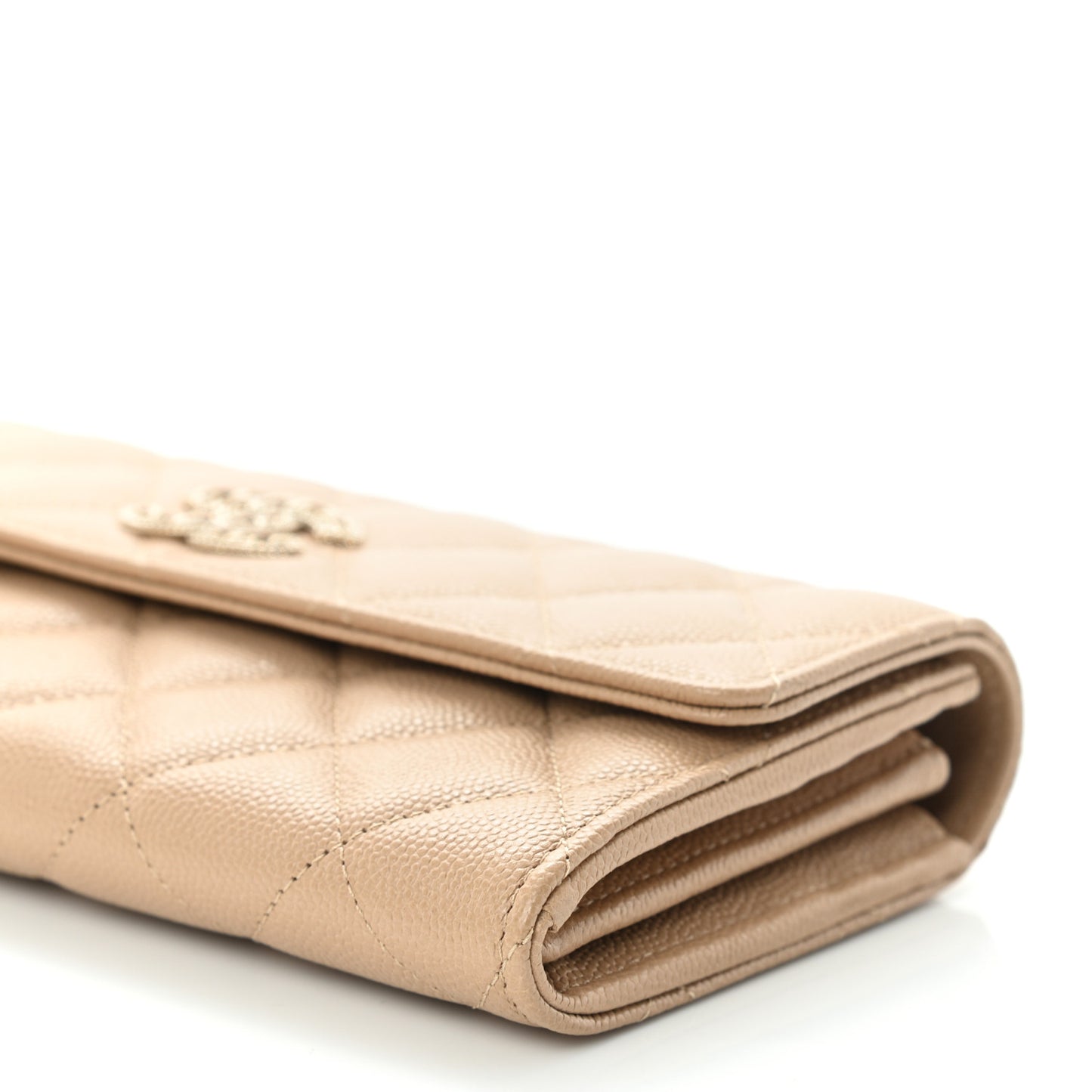 Caviar Quilted Crystal CC Large Gusset Flap Wallet Beige