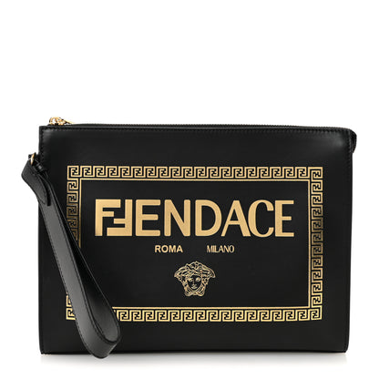 Fendi X VERSACE Vitello Grace Fendace FF Baroque Logo Large Flat Pouch Black 1 of 11