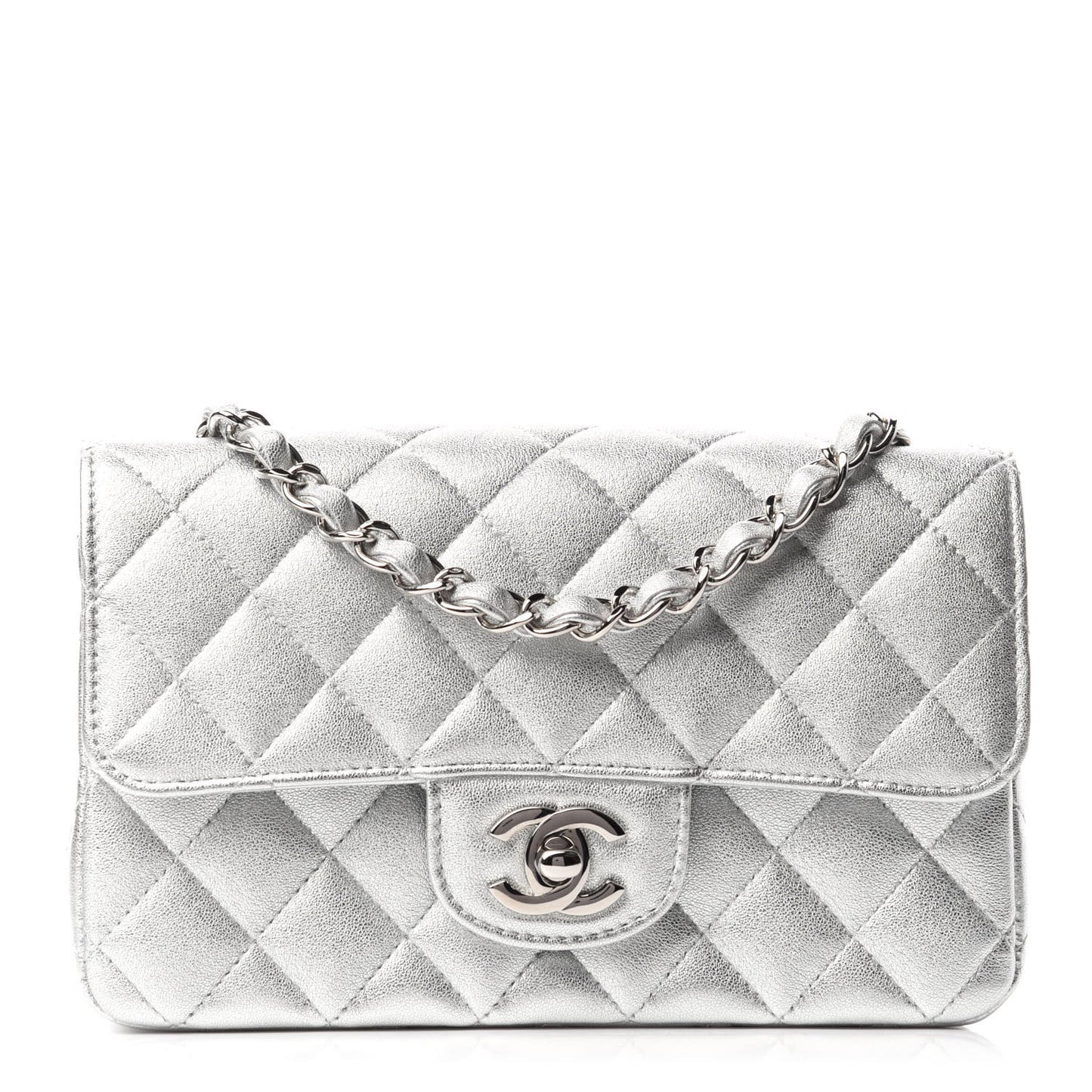 Metallic Lambskin Quilted Mini Rectangular Flap Silver