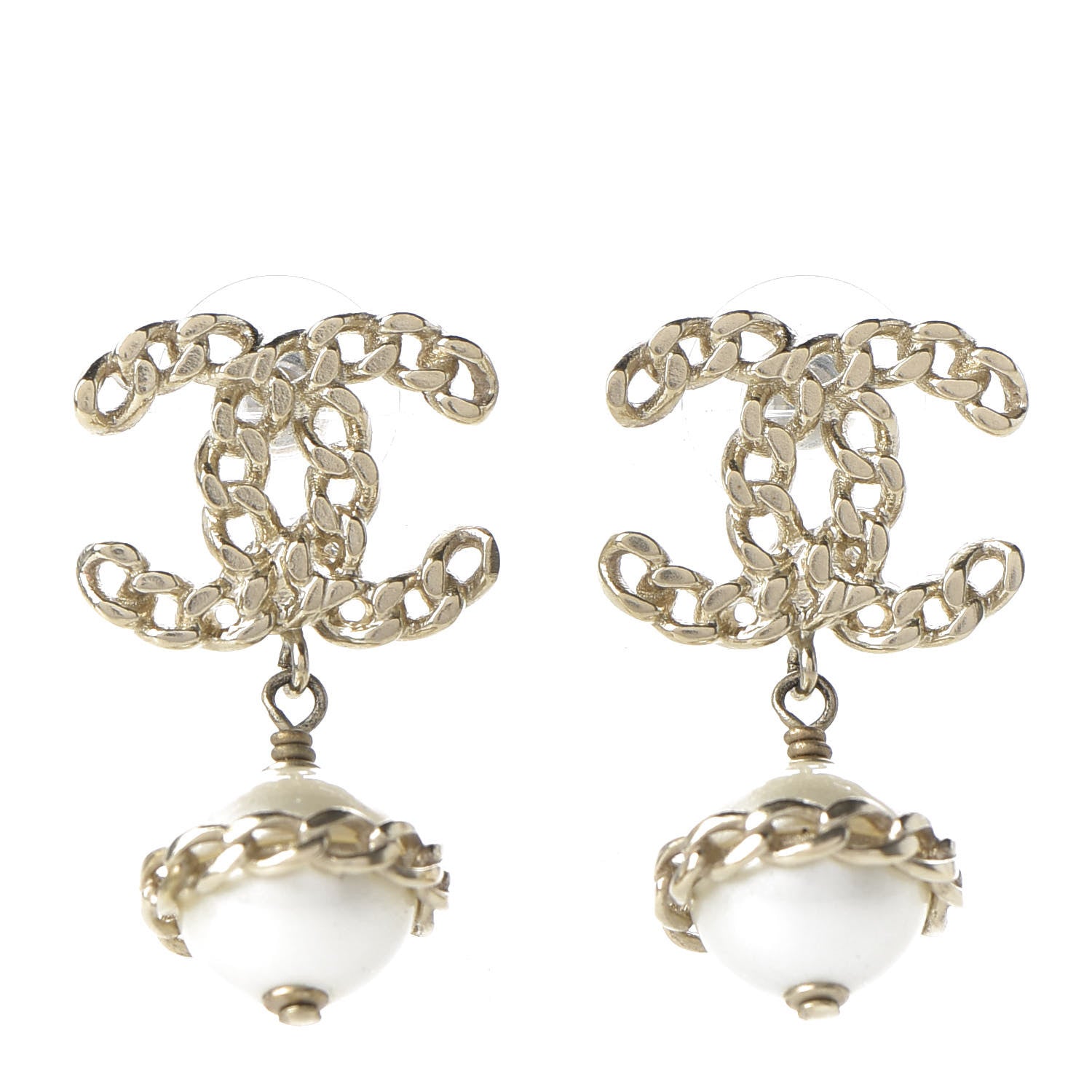 Chanel Pearl Chain CC Dangle Earrings Gold 1 of 5