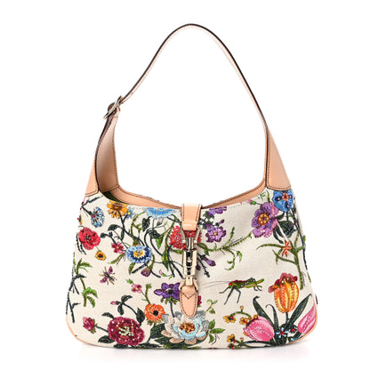Gucci Canvas Beaded Floral Flora Small Jackie O Hobo White 1 of 10