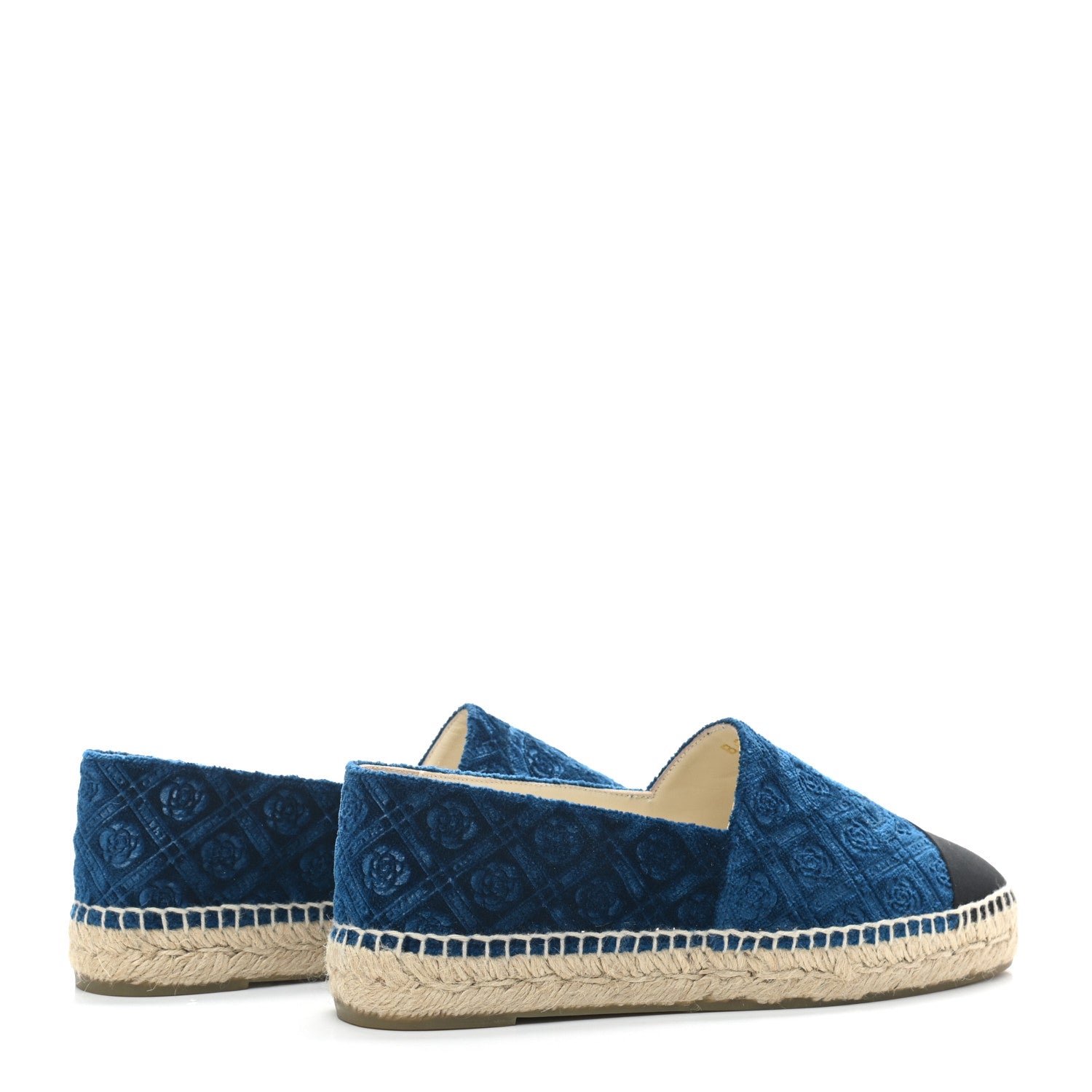 Chanel Velvet Grosgrain Quilted Camellia CC Espadrilles 38 Navy Black 4 of 9
