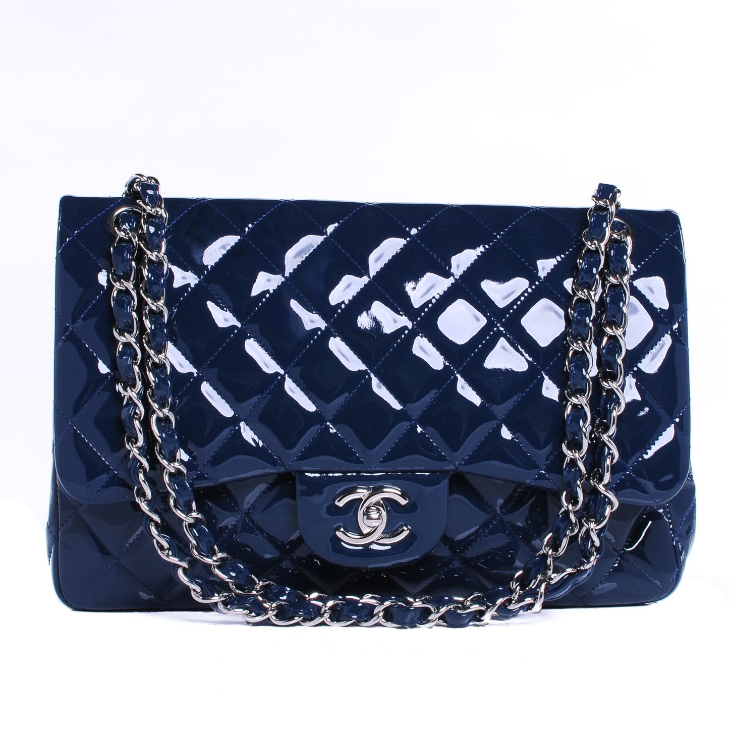 Patent Jumbo Double Flap Navy Blue