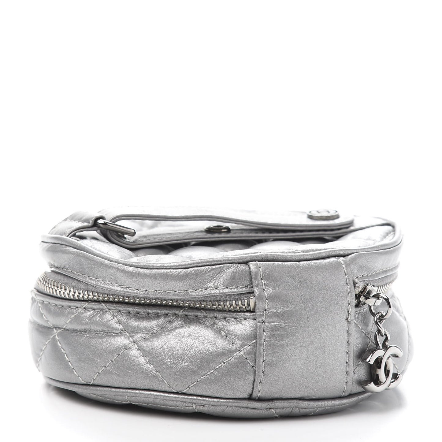 Metallic Aged Calfskin Quilted Round Bag Silver