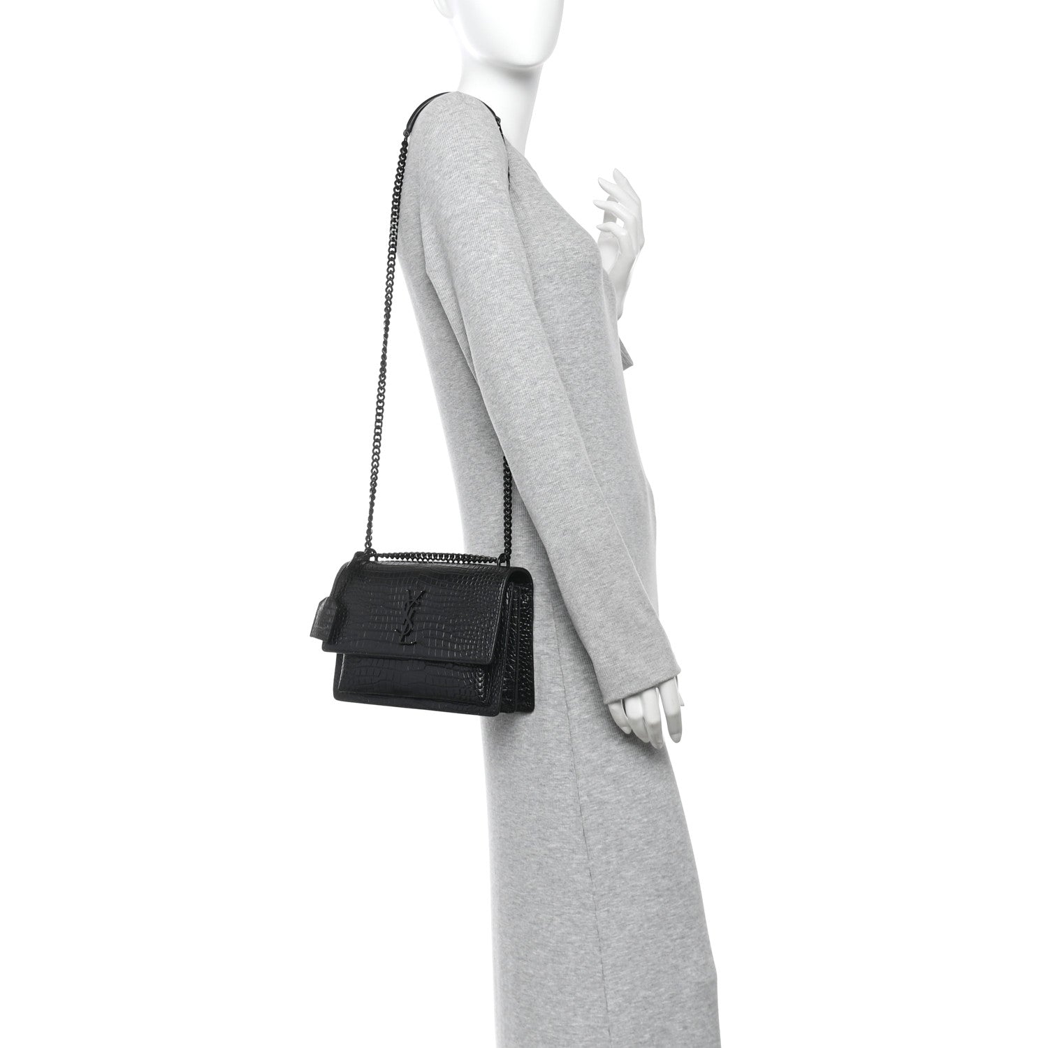 Saint Laurent Calfskin Crocodile Embossed Medium Monochrome Monogram Sunset Black 2 of 14