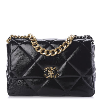 Chanel Shiny Crumpled Calfskin Quilted Large 19 Flap Black 1 of 9