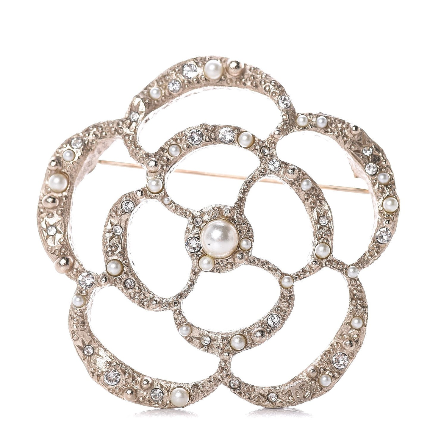 Pearl Crystal CC Camellia Brooch Light Gold