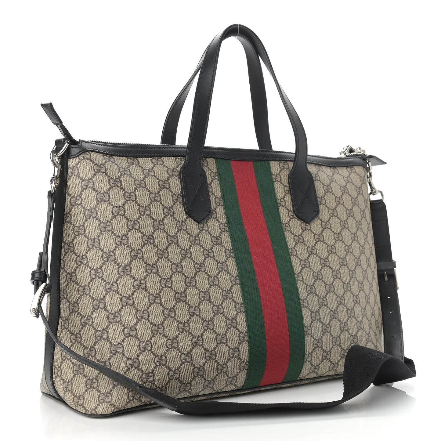 GG Supreme Monogram Web Medium Zippered Tote Beige Black