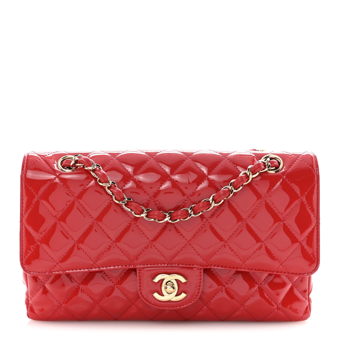 Patent Calfskin Quilted Medium Double Flap Red