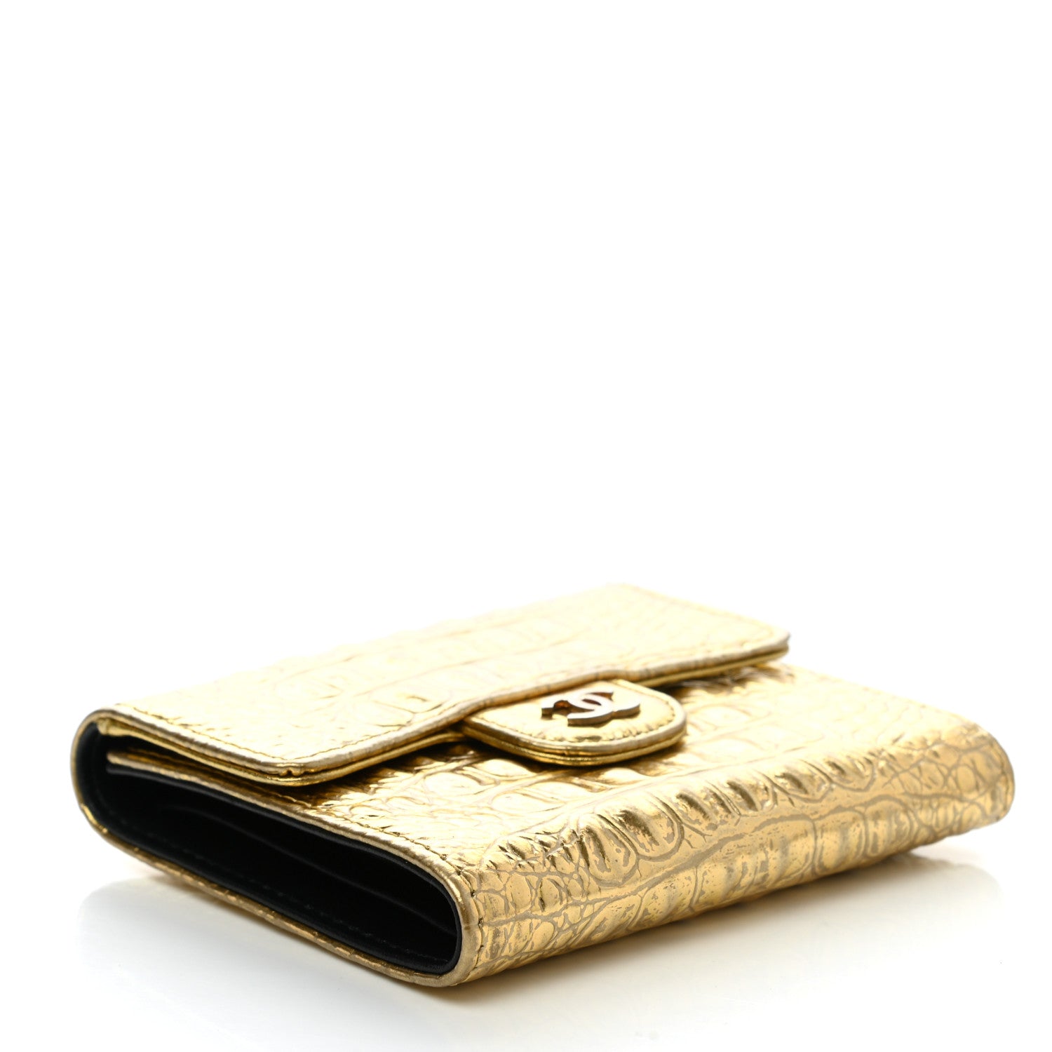 Chanel Metallic Calfskin Crocodile Embossed Cocodile Compact Flap Wallet Gold 4 of 8