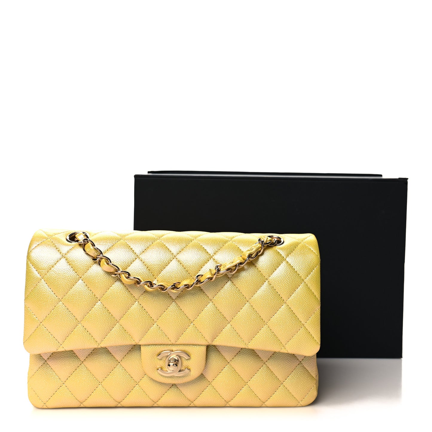 Iridescent Caviar Quilted Medium Double Flap Yellow