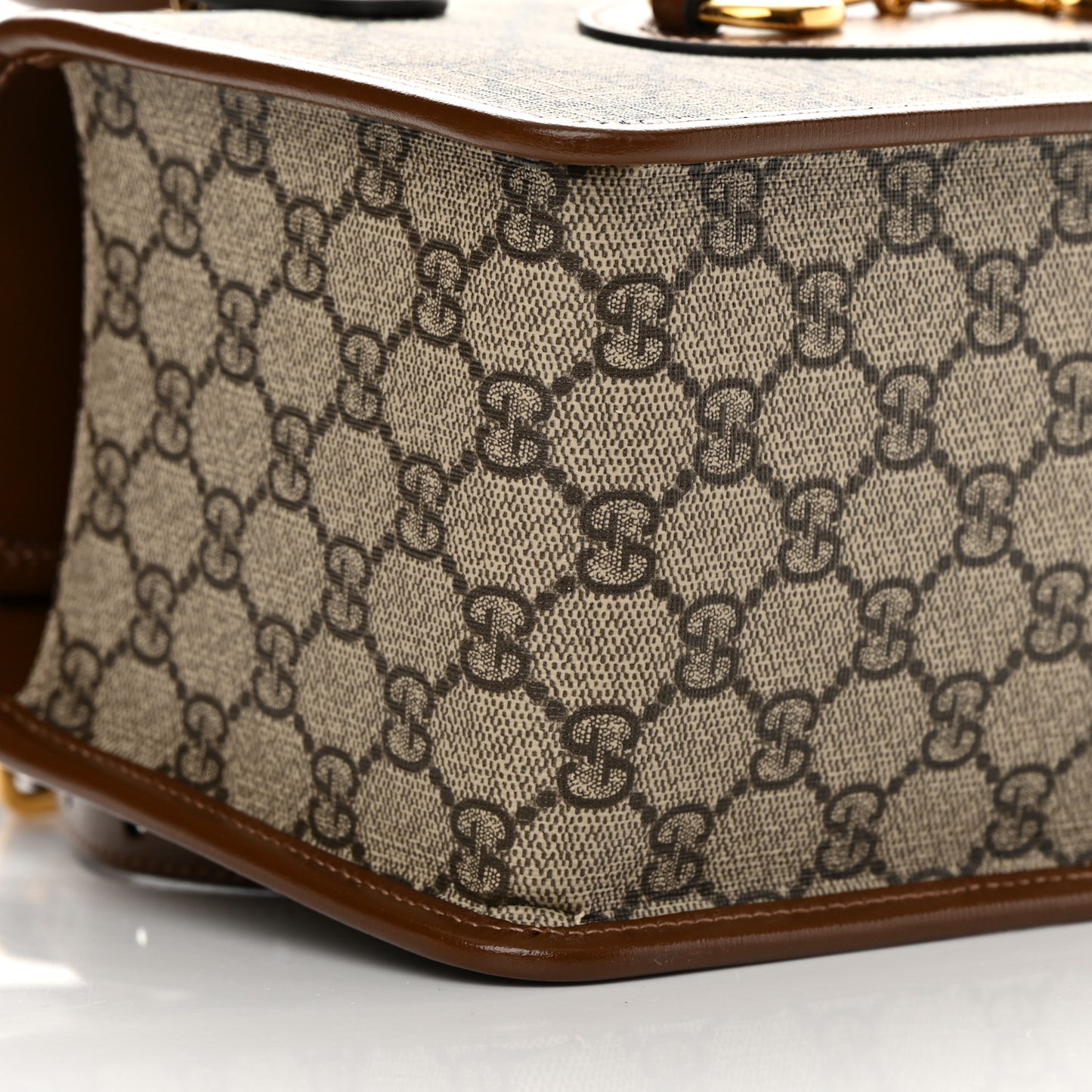GG Supreme Monogram Azalea Calfskin Mini Horsebit 1955 Foldover Top Handle Bag Beige Ebony Brown Sugar