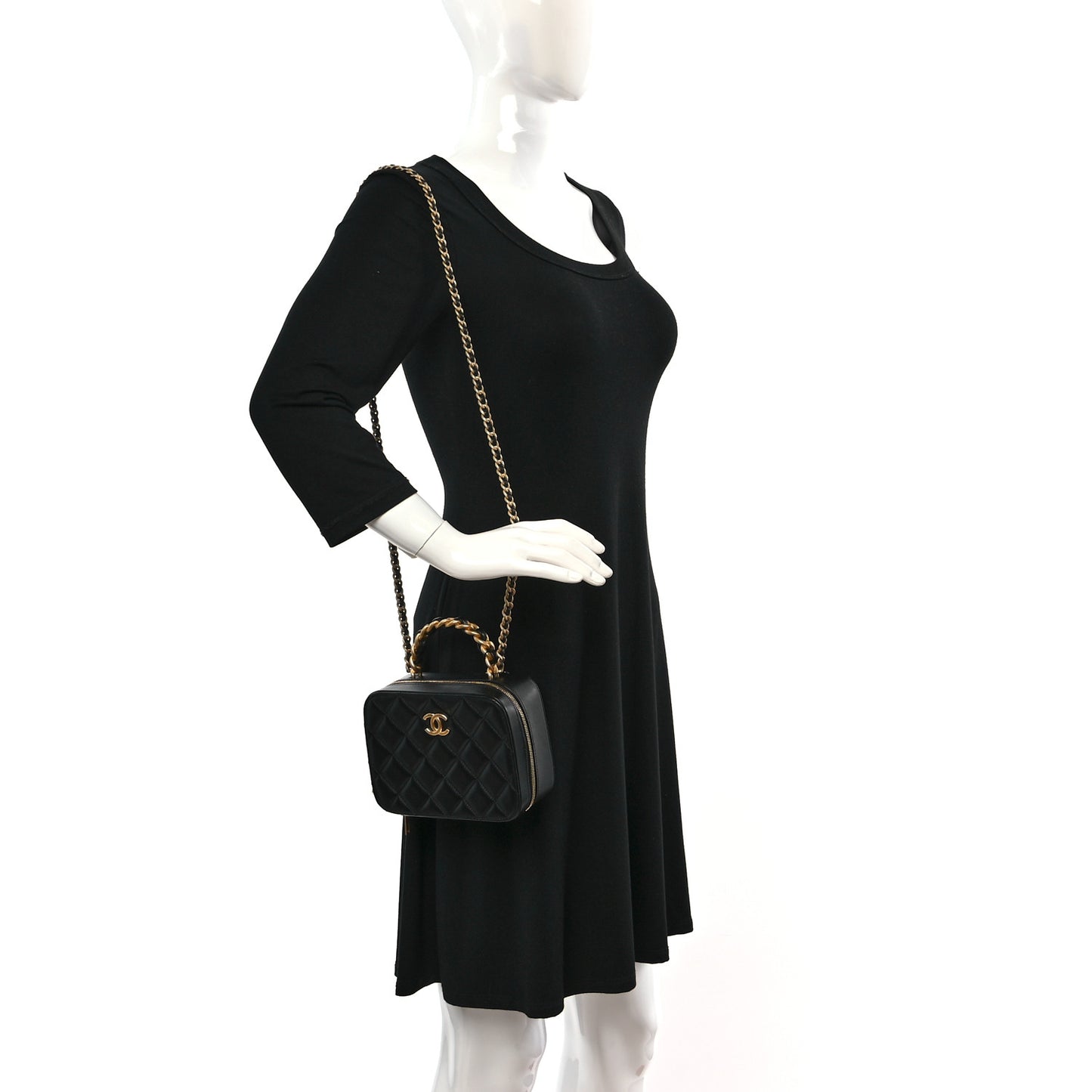 Lambskin Quilted Top Handle Small Vanity Case Black