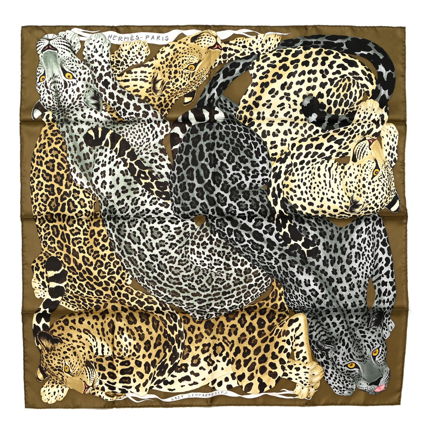 Hermes Silk Twill Lazy Leopardesses Scarf 90 Vert Black Gris Anthracite 1 of 5