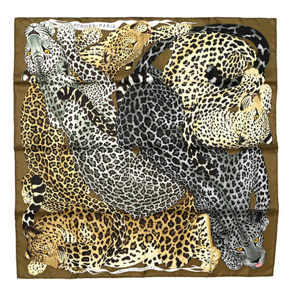 Hermes Silk Twill Lazy Leopardesses Scarf 90 Vert Black Gris Anthracite 1 of 5