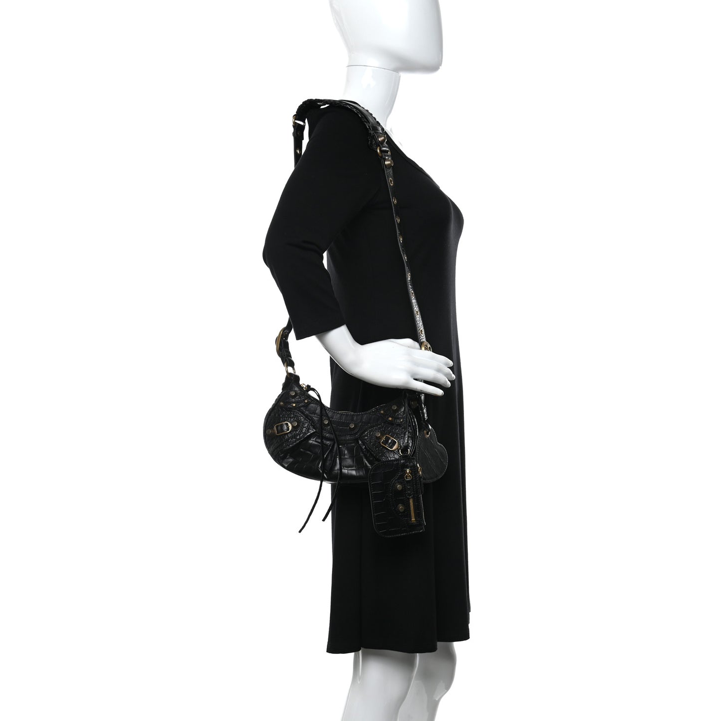Extra Supple Calfskin Crocodile Embossed Le Cagole Shoulder Bag XS Black