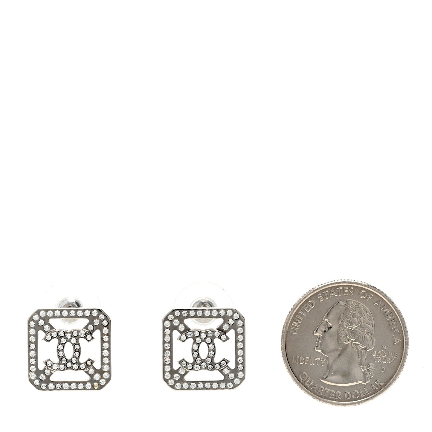 Metal Crystal Square CC Earrings Silver