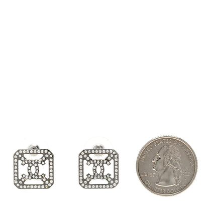 Chanel Metal Crystal Square CC Earrings Silver 2 of 4
