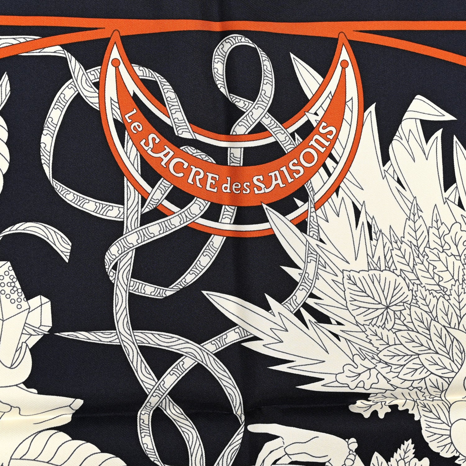 Hermes Silk Twill La Sacre Des Saisons Scarf 90 Bleu Black Creme Potiron 5 of 5