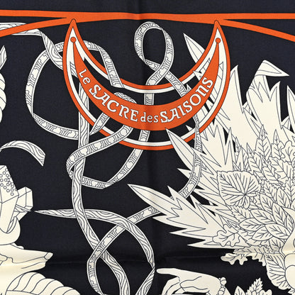 Hermes Silk Twill La Sacre Des Saisons Scarf 90 Bleu Black Creme Potiron 5 of 5