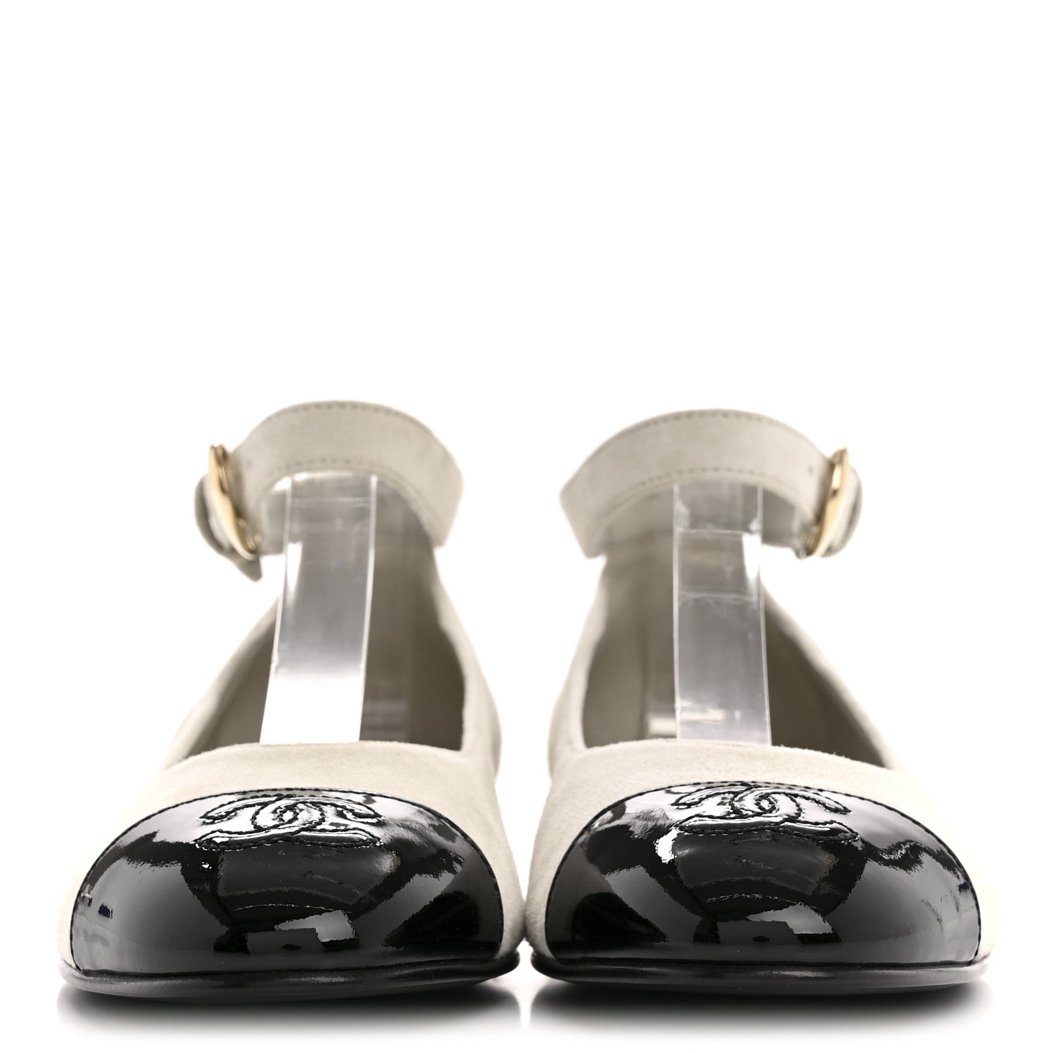 Chanel Suede Calfskin Patent Calfskin Cap Toe CC Mary Jane Flats 36.5 Light Gray Black 3 of 10