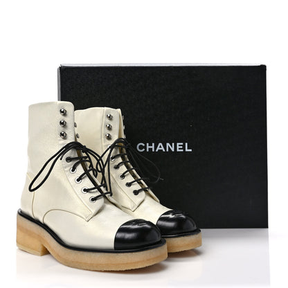 Chanel Pearlized Grained Calfskin Cap Toe Combat Boots 37 Ivory Black 9 of 9