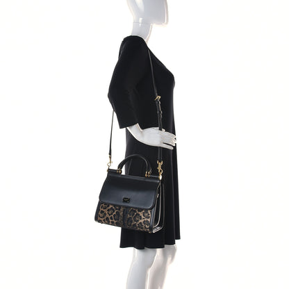 Dolce & Gabbana Calfskin Leopard Print Raffia Medium Sicily 58 Satchel Black Multicolor 2 of 12
