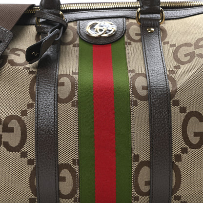 Gucci Monogram Jumbo GG Textured Dollar Calfskin Web Medium Duffle Bag Camel Ebony 8 of 10