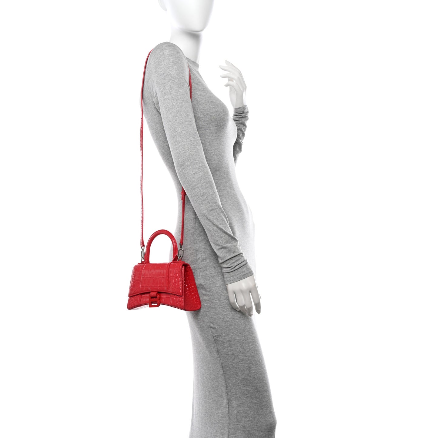 Shiny Calfskin Tonal B Crocodile Embossed Hourglass Top Handle Bag XS Bright Red