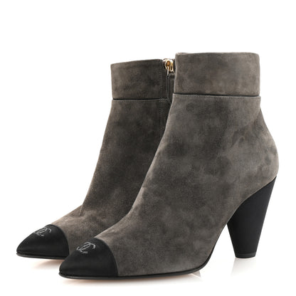 Chanel Suede Calfskin Satin Cap Toe Short Boots 38 Grey Black 4 of 10