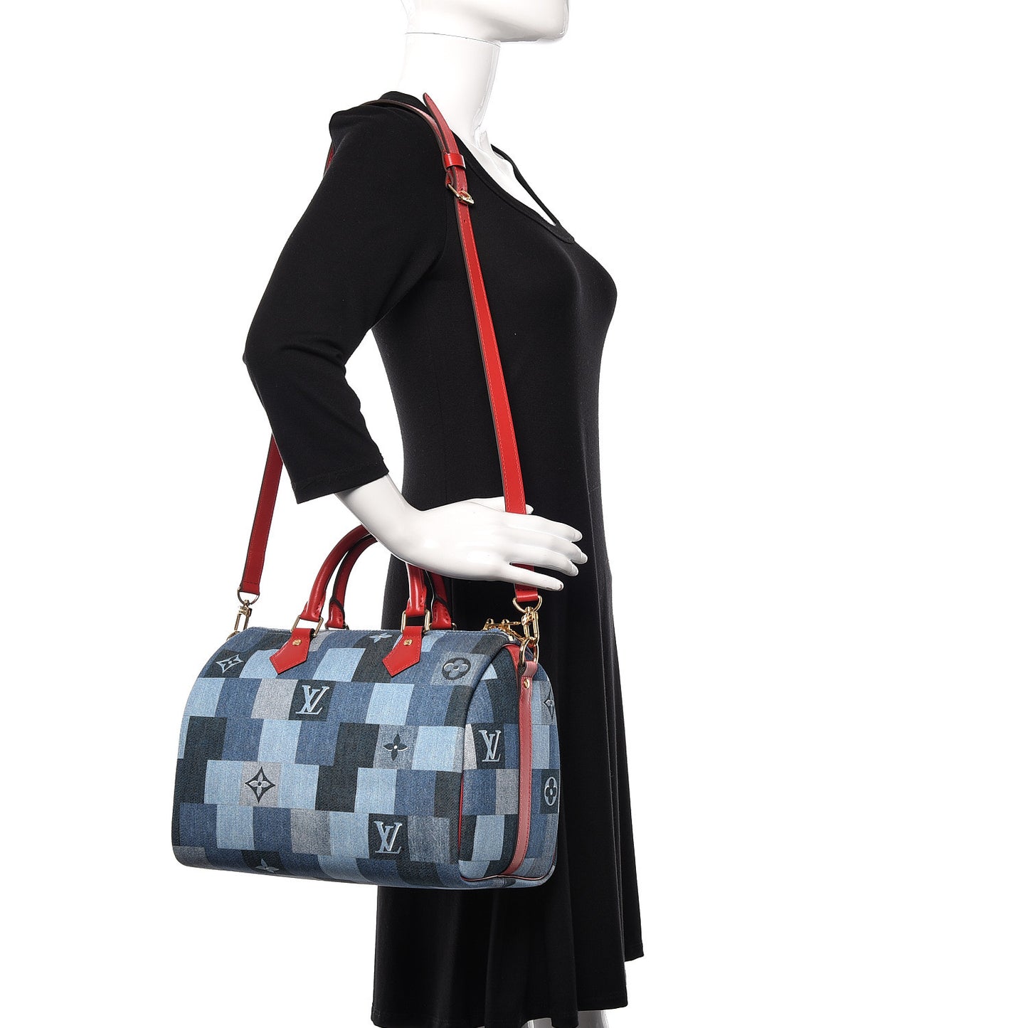 Denim Damier Monogram Patchwork Speedy Bandouliere 30 Blue Rouge