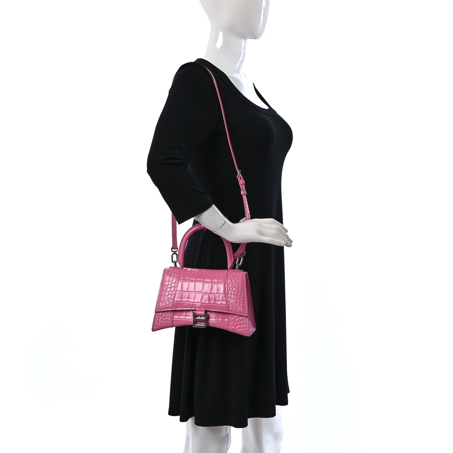 Shiny Calfskin Crocodile Embossed Small Hourglass Top Handle Bag Baby Pink