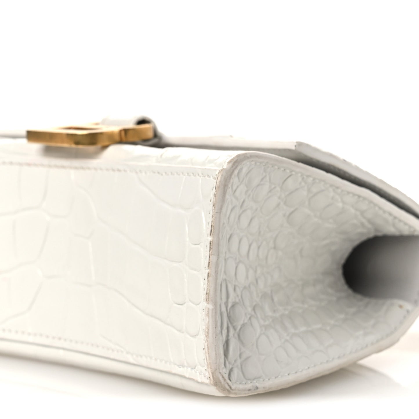 Shiny Calfskin Crocodile Embossed Hourglass Top Handle Bag XS White
