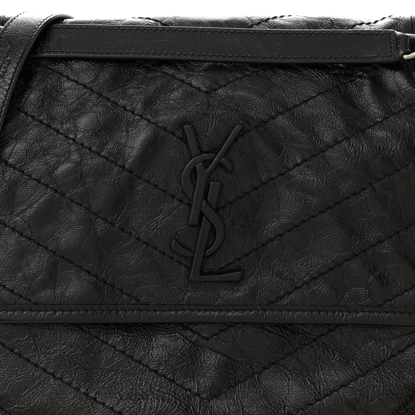 Crinkled Calfskin Matelasse Monogram Medium Niki Chain Satchel Black
