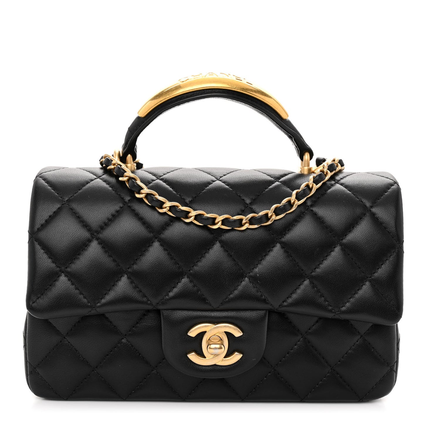 Lambskin Quilted Metal Mini Top Handle Rectangular Flap Black