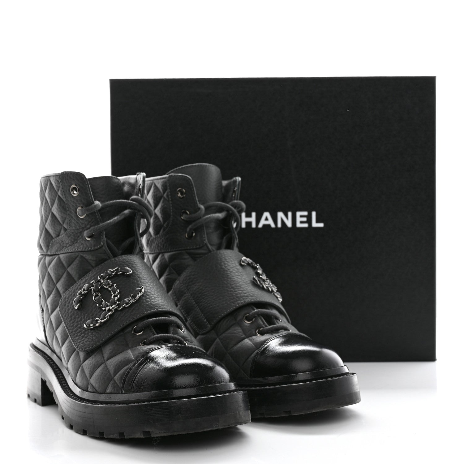 Chanel Calfskin Shiny Calfskin Quilted Lace Up Combat Boots 37.5 Dark Grey Black 10 of 10