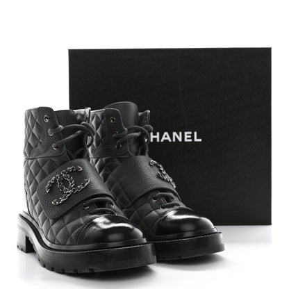 Chanel Calfskin Shiny Calfskin Quilted Lace Up Combat Boots 37.5 Dark Grey Black 10 of 10