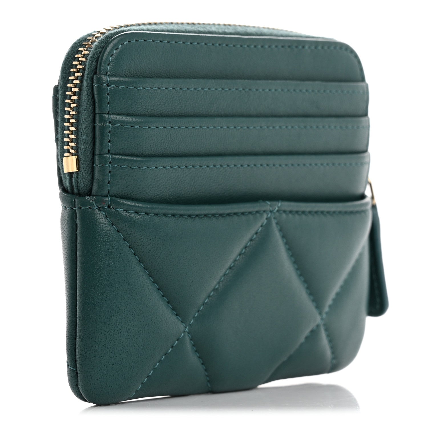 Chanel Lambskin Quilted Chanel 19 Zip Card Holder Wallet Dark Green 3 of 9