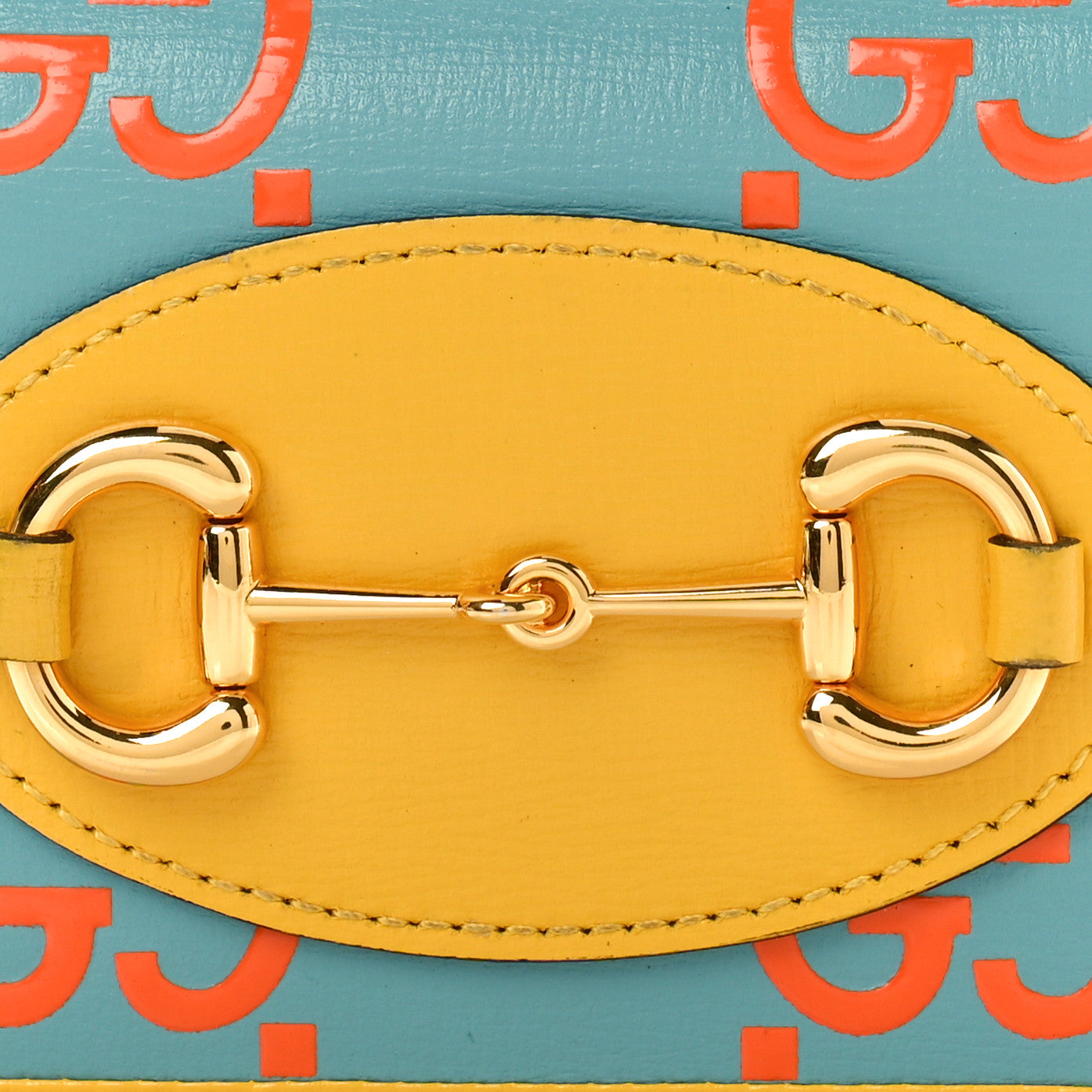 Azalea Calfskin GG Monogram Bi-Color Debossed Horsebit 1955 Card Case Wallet Dusty Azure Stone Topaz Deep Orange