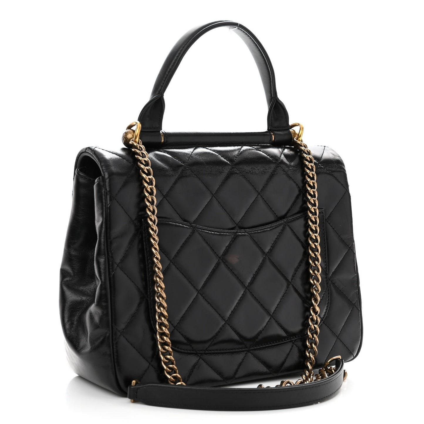 Glazed Calfskin Quilted Medium Gold Bar Top Handle Flap Black