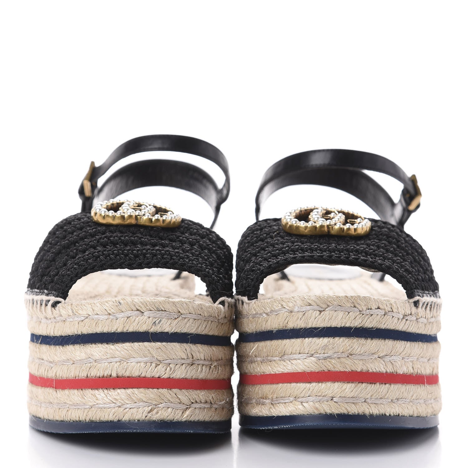 Gucci Cotton Malaga Kid Crochet Pearly GG Lilibeth Espadrille Platform Sandals 38 Black 2 of 14